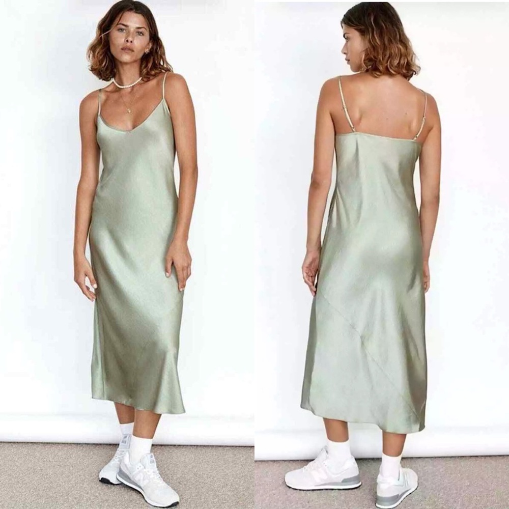 Aritzia Wilfred Only Slip Maxi Dress Silver Sage Green XS Silky Satin Minimalist